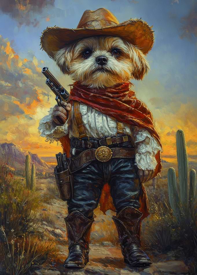 Dog Cowboy in Desert Landscape | Cute Western Dog Poster