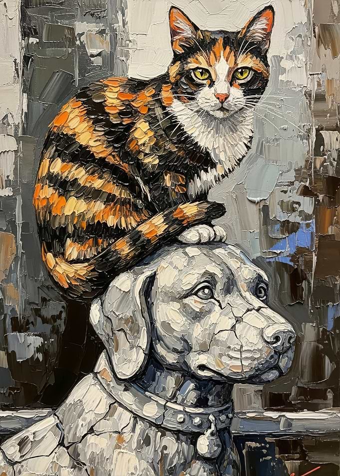 Cat on Dog Sculpture Painting