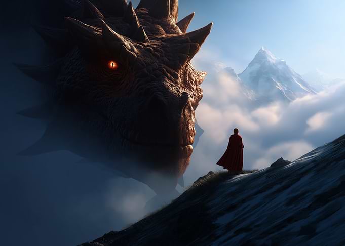 Dragon and Cloaked Figure in Mountains