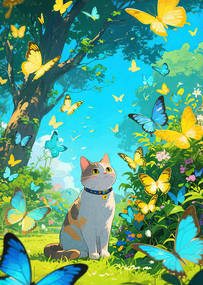 Cat and Butterflies in a Meadow