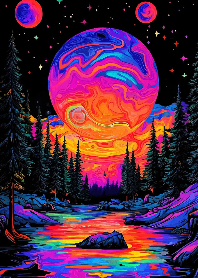 Psychedelic Landscape with Planets and River