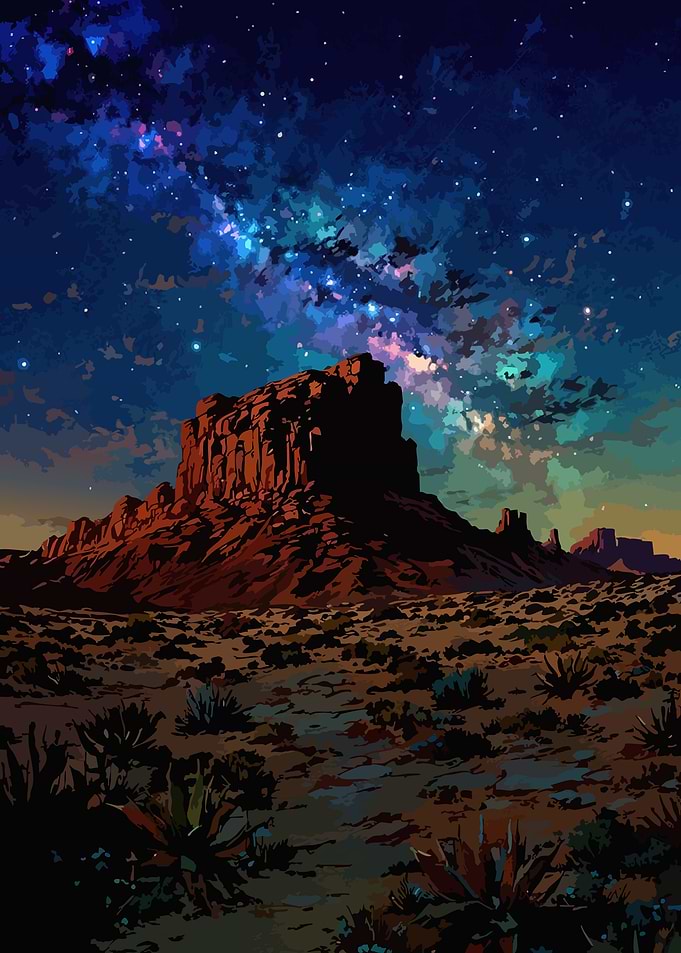 Desert Landscape with Starry Night Sky