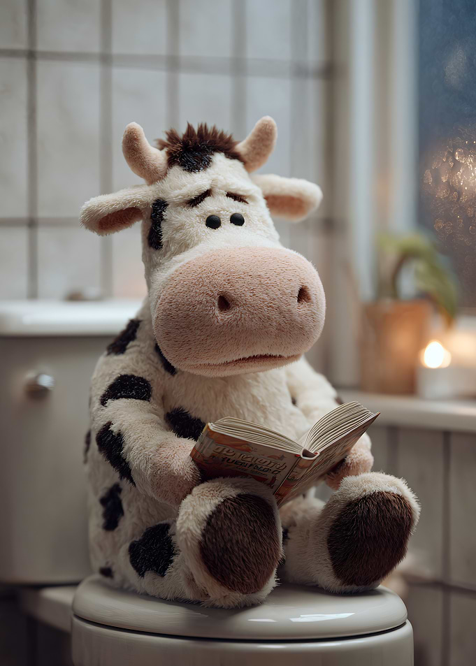 Stuffed Cow Reading on Toilet