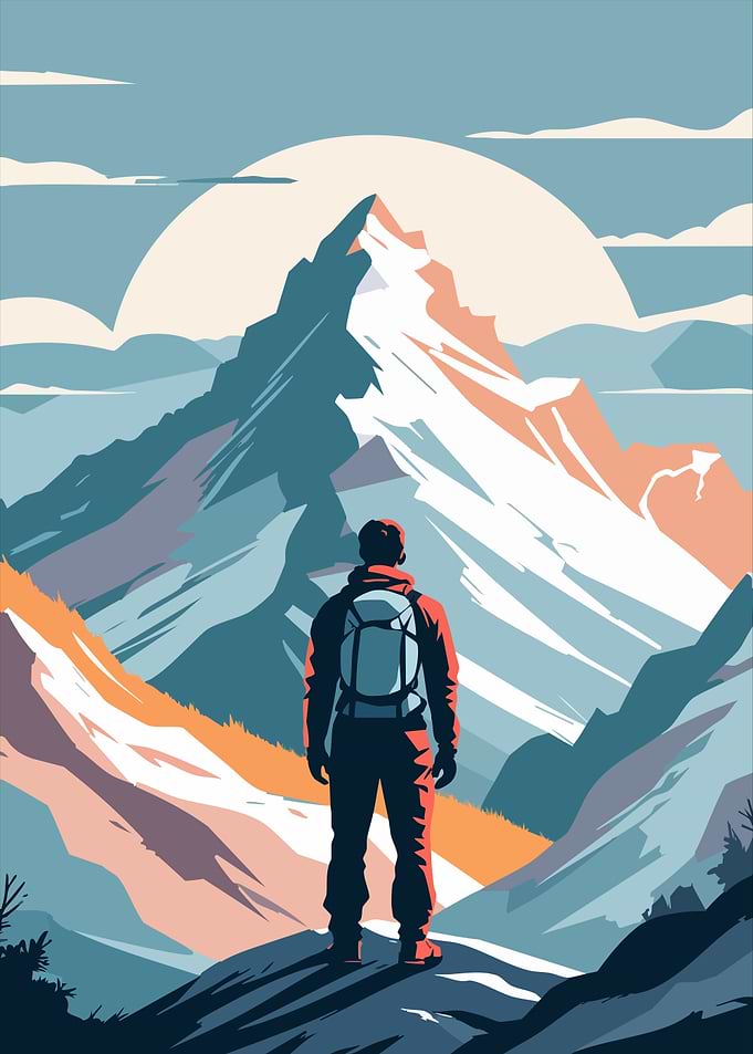 Hiker in Mountain Landscape Illustration