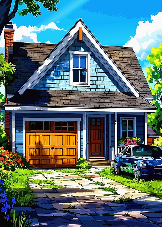 Suburban House with Car and Garden
