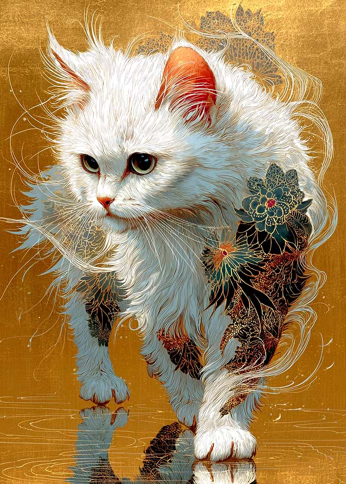 White Cat with Floral Tattoo Art