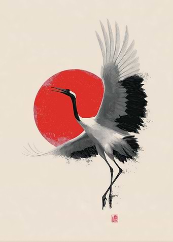 Japanese Crane with Red Sun