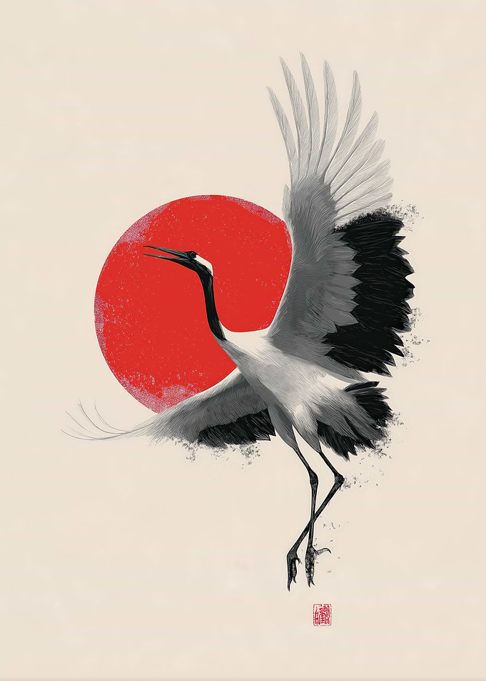 Japanese Crane with Red Sun