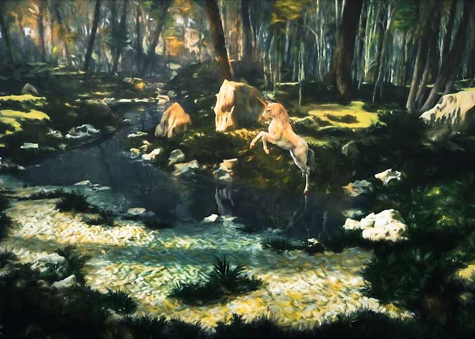 Unicorn in Forest Stream Painting