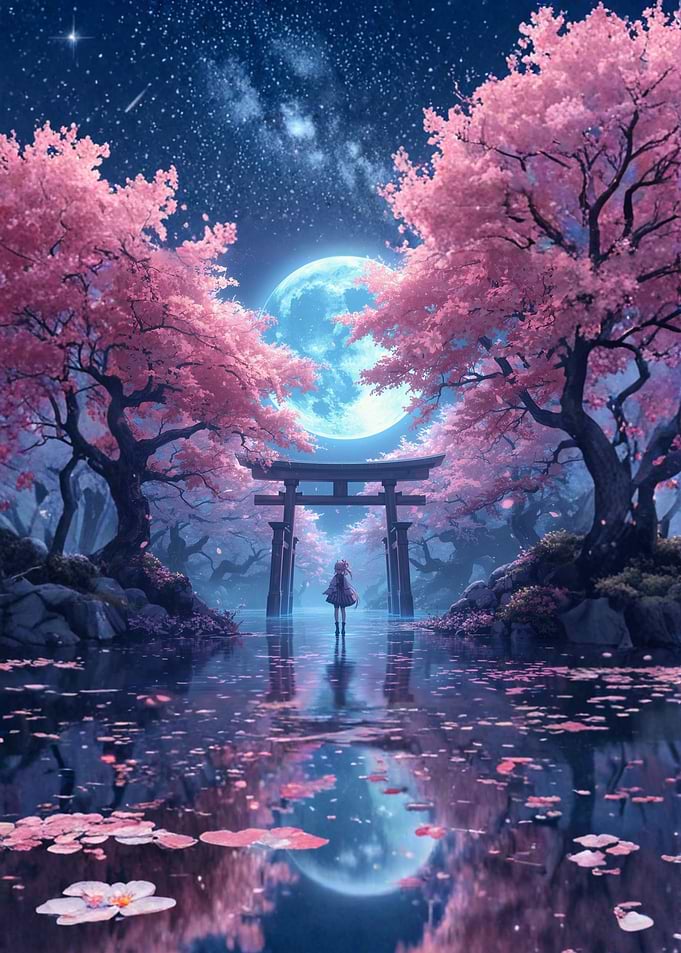 Cherry Blossoms, Moon, and Torii Gate