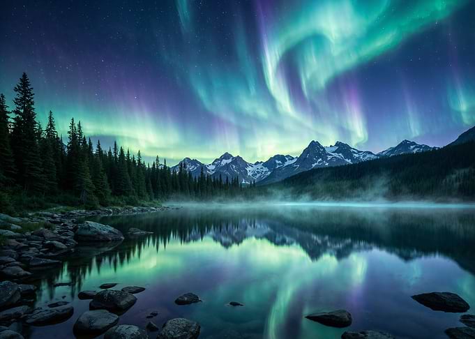 Aurora Borealis over Mountain Lake