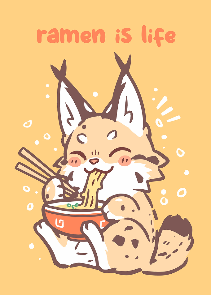 Lynx eating ramen illustration