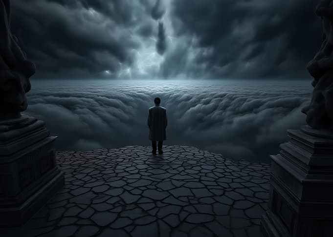 Man overlooking clouds and stormy sky