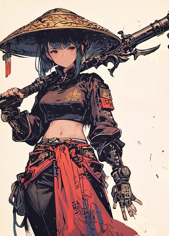 Anime Girl with Weapon and Asian Hat