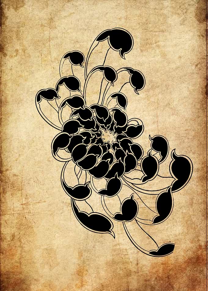 Black Floral Design on Parchment Background