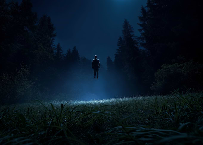 Levitating Man in Forest at Night