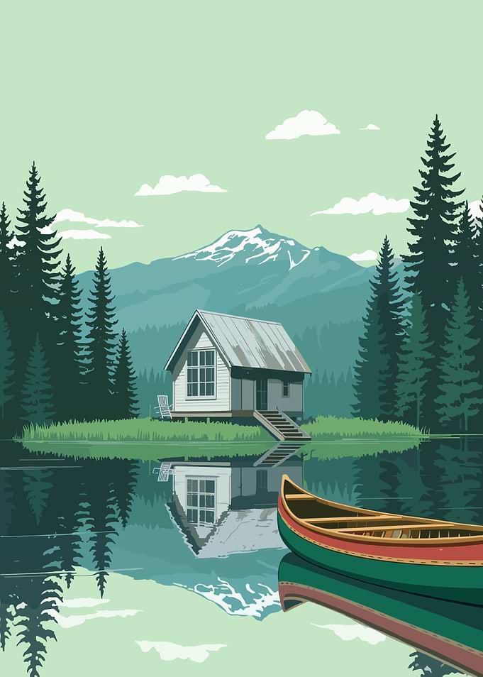 Cabin on Lake with Canoe