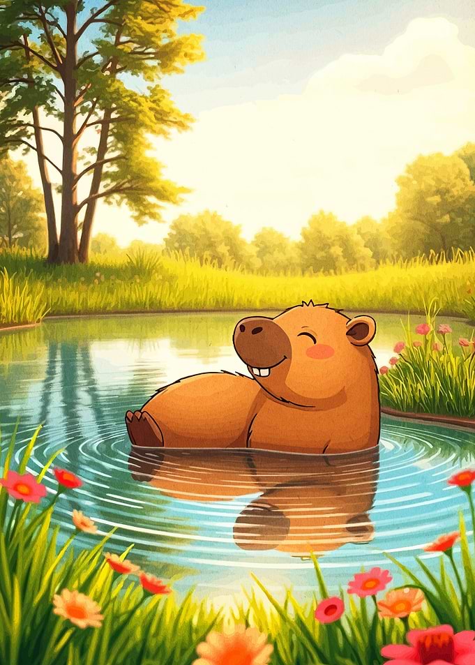 Capybara in Pond Cartoon Illustration