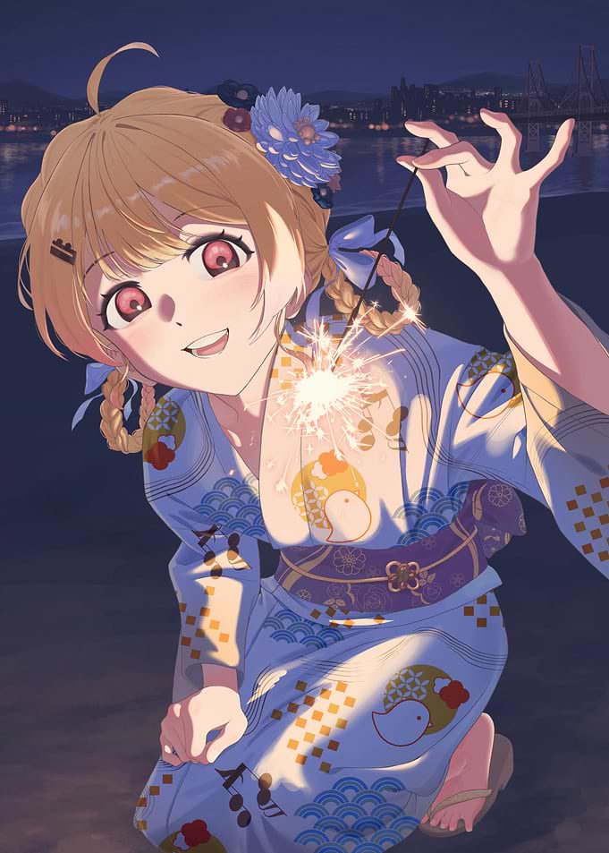 Anime Girl with Sparkler at Night