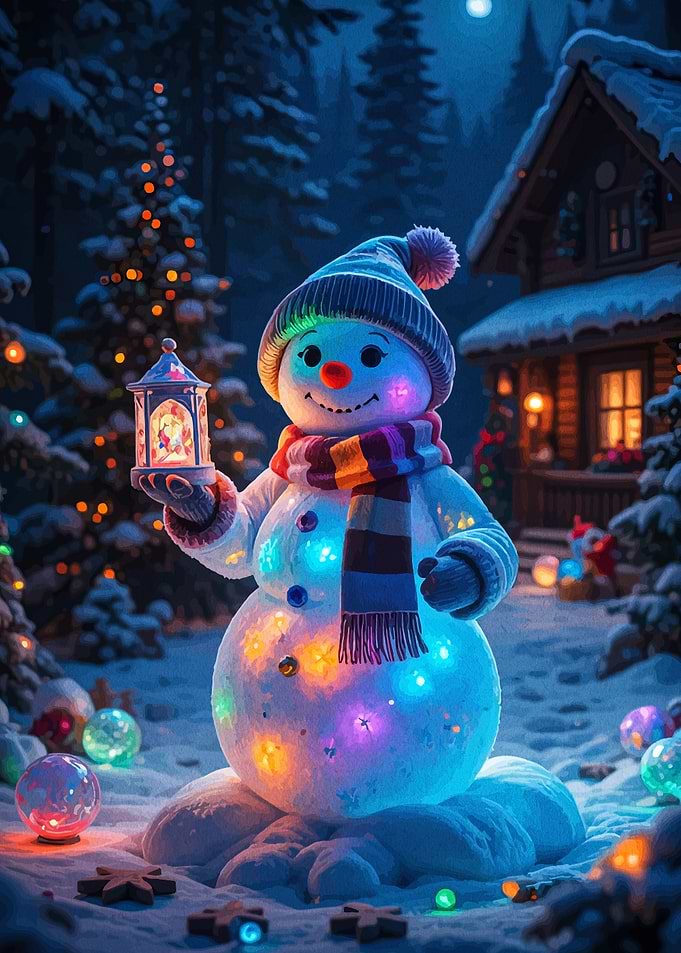 Festive Snowman with Lantern in Winter