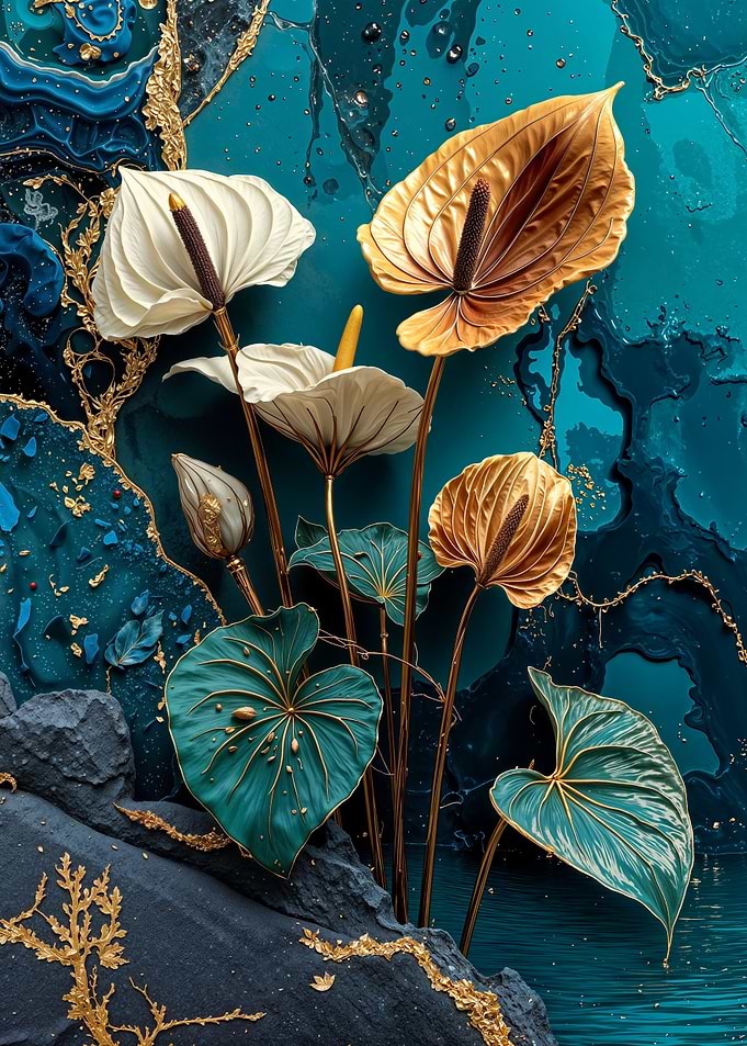 Teal Gold Anthuriums