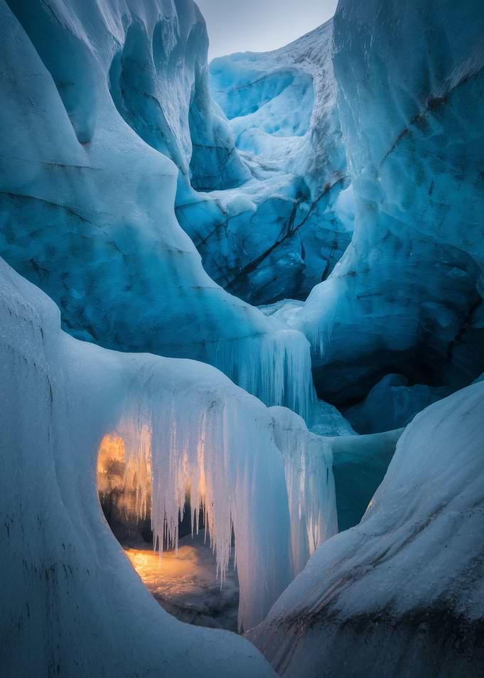 Ice Cave with Icicles and Light