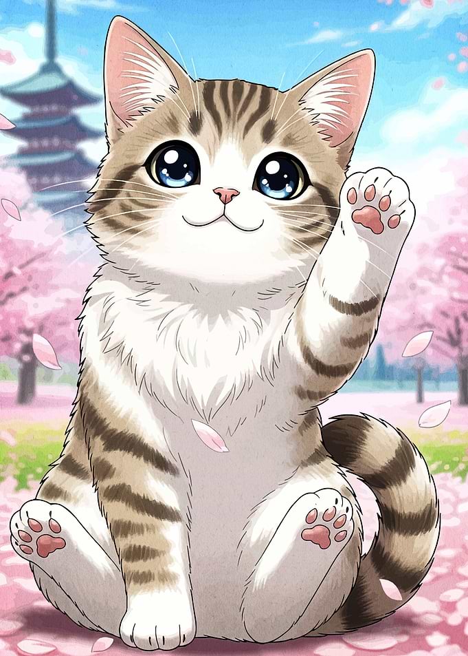 Cute Cat with Cherry Blossoms