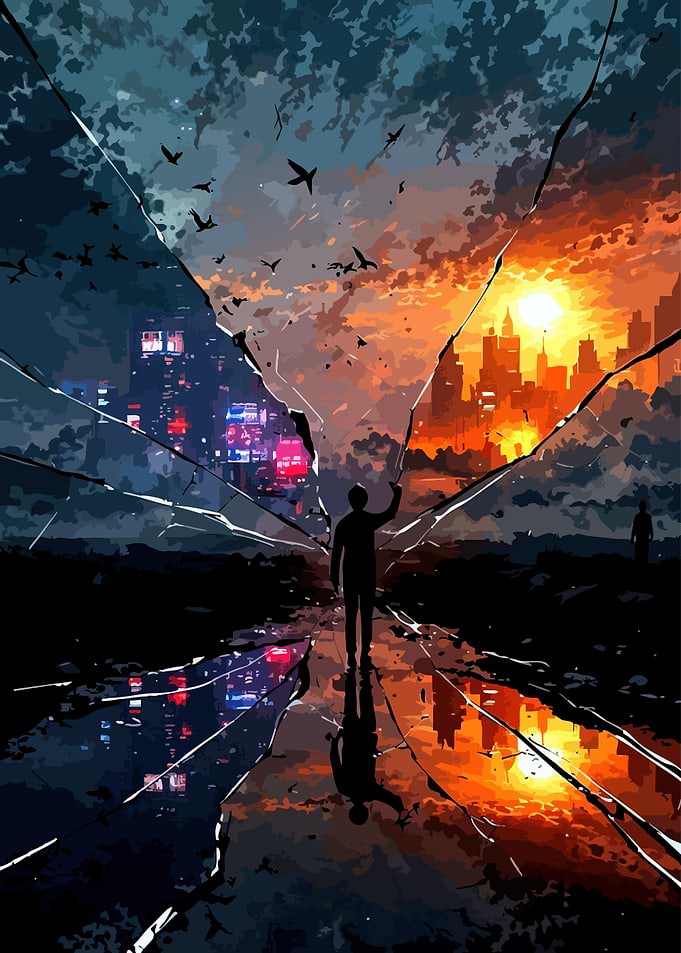 Dual Cityscape Through Broken Glass
