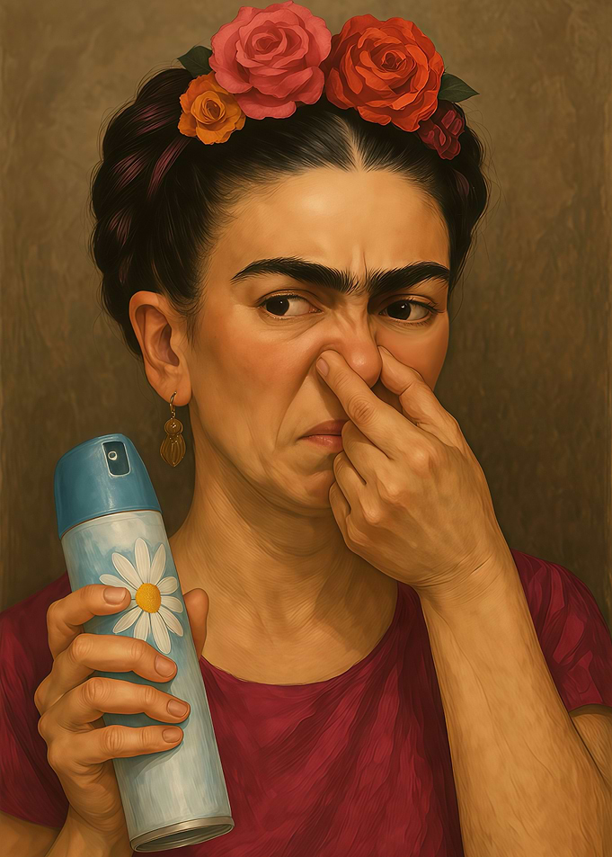 Woman Holds Nose in Bathroom Humor