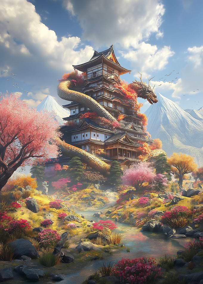 Dragon entwined with Japanese pagoda