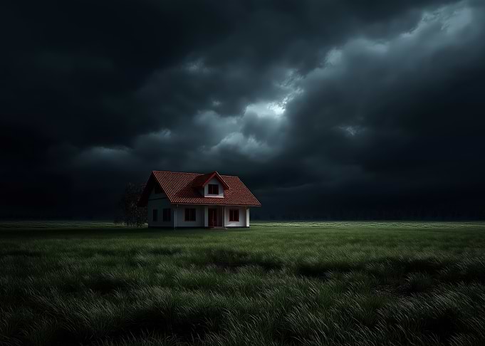 House in a field under storm clouds