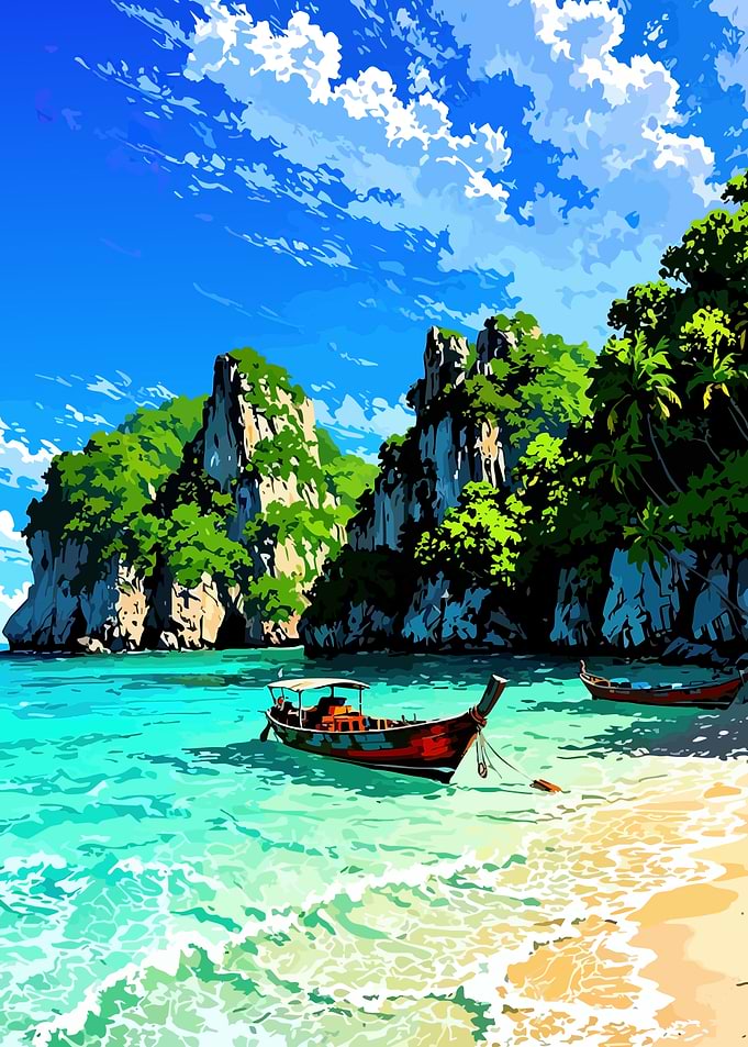 Tropical Beach with Boats and Cliffs