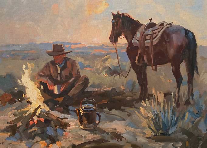 Cowboy and Horse by Campfire Painting