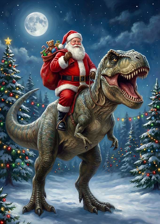Santa Riding Dinosaur Christmas Scene