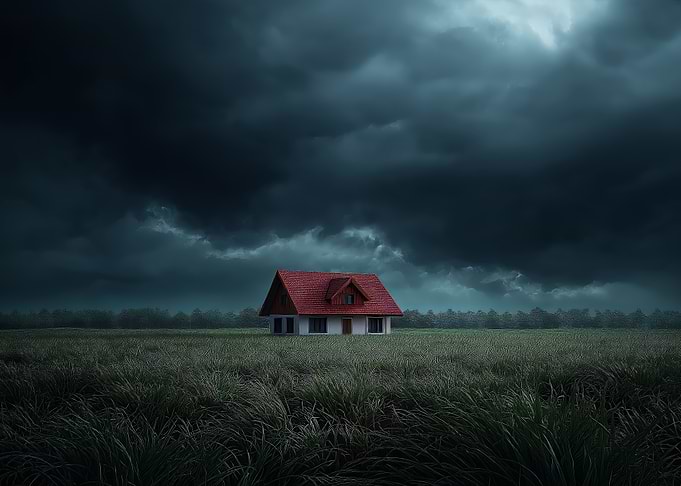 House in a field under storm