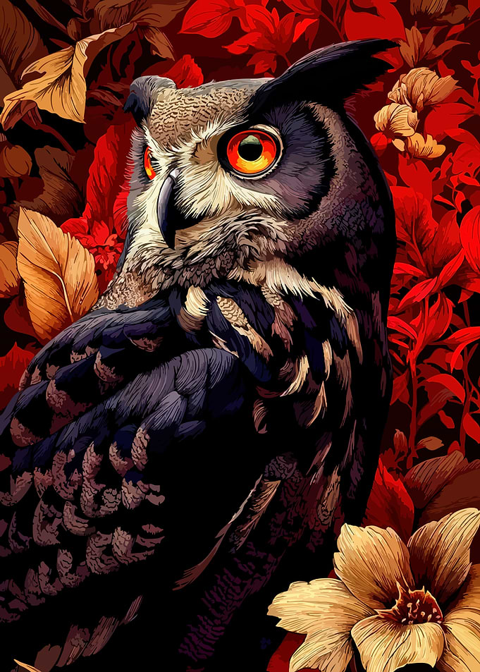 Owl Portrait with Floral Background