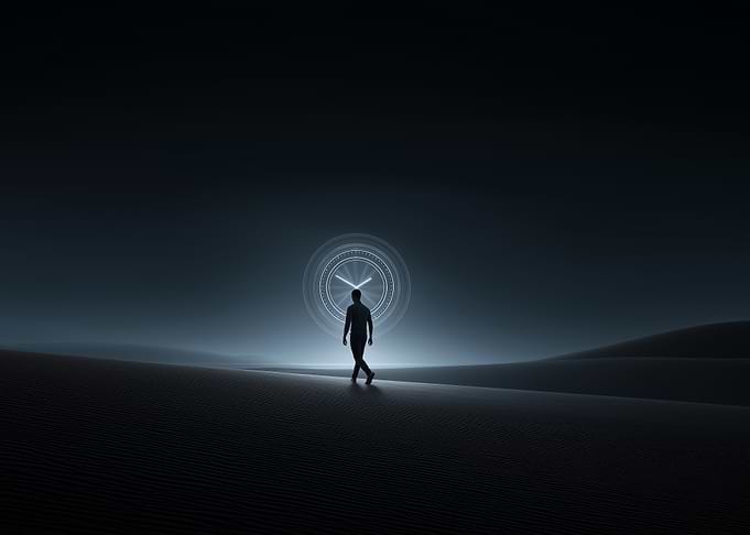 Man Walking Towards Clock in Desert