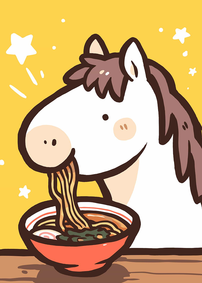 Horse eating ramen cartoon illustration