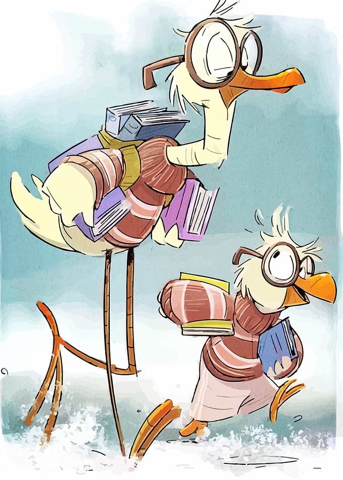 Cartoon Birds with Books and Glasses