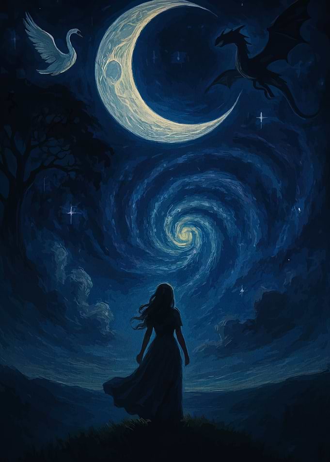 Night Sky Dreamscape with Dragon and Swan