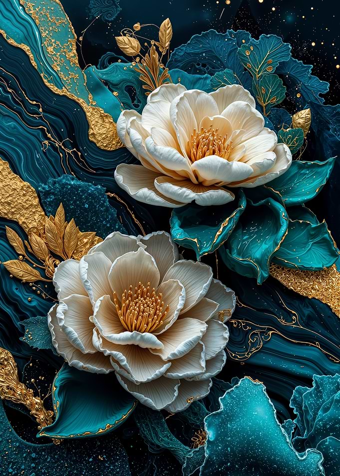 Teal Gold Camellias Flower