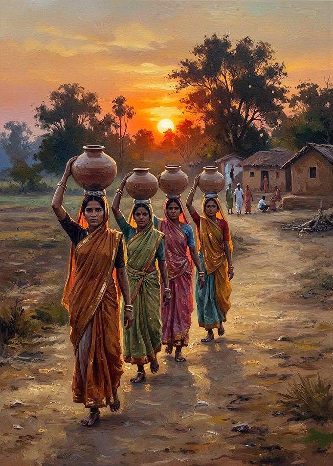 Indian Women Carrying Water at Sunset