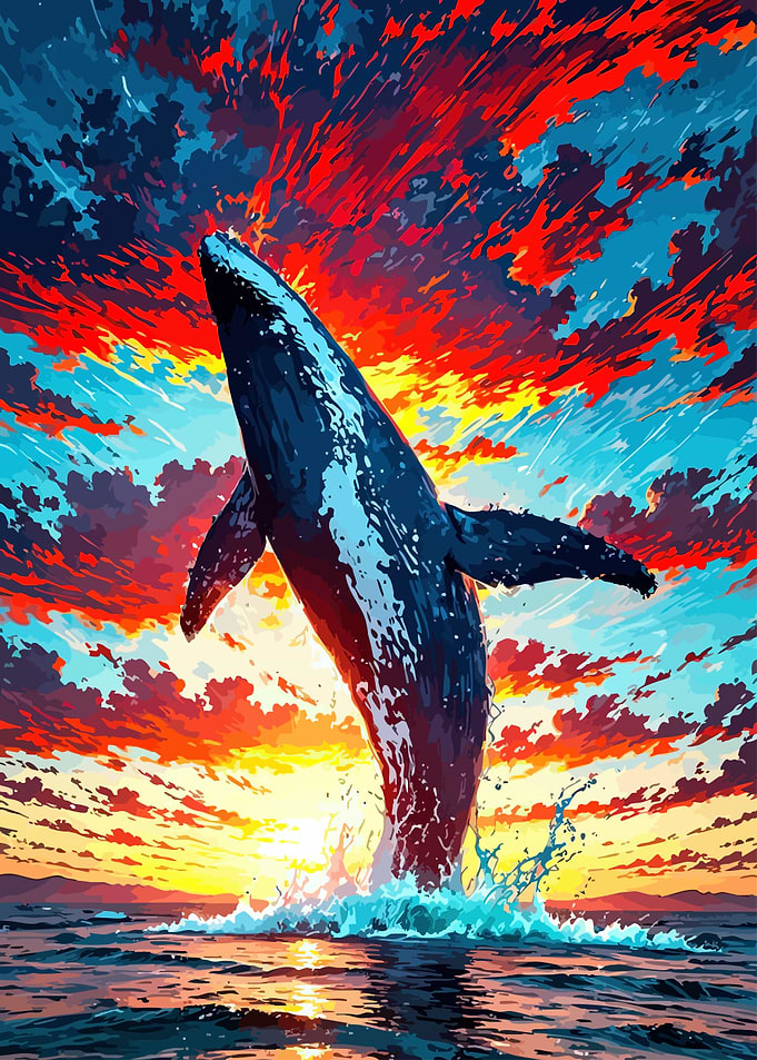Whale breaching at sunset