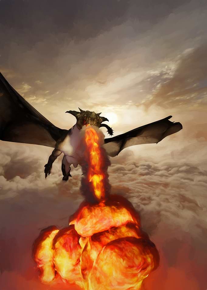 Dragon breathing fire in the sky