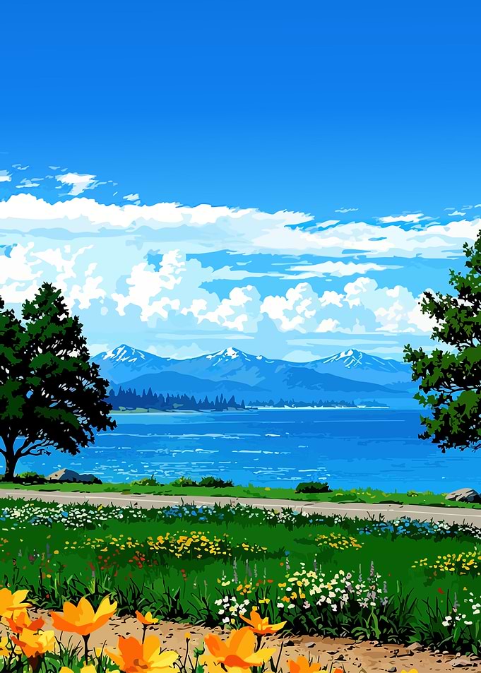 Scenic Lakeside Landscape with Floral Meadow