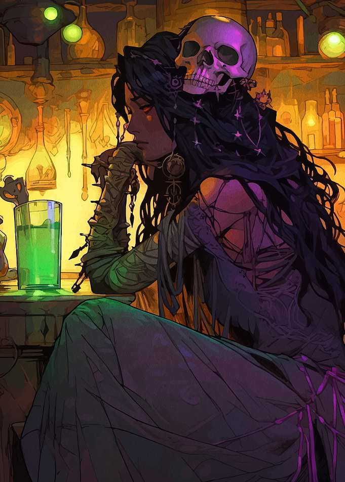 Pensive Woman with Skull in Tavern