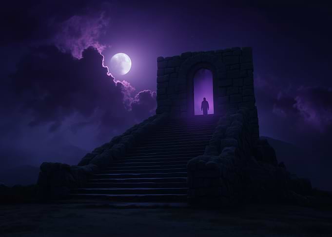 Mysterious Figure at Stone Stairway