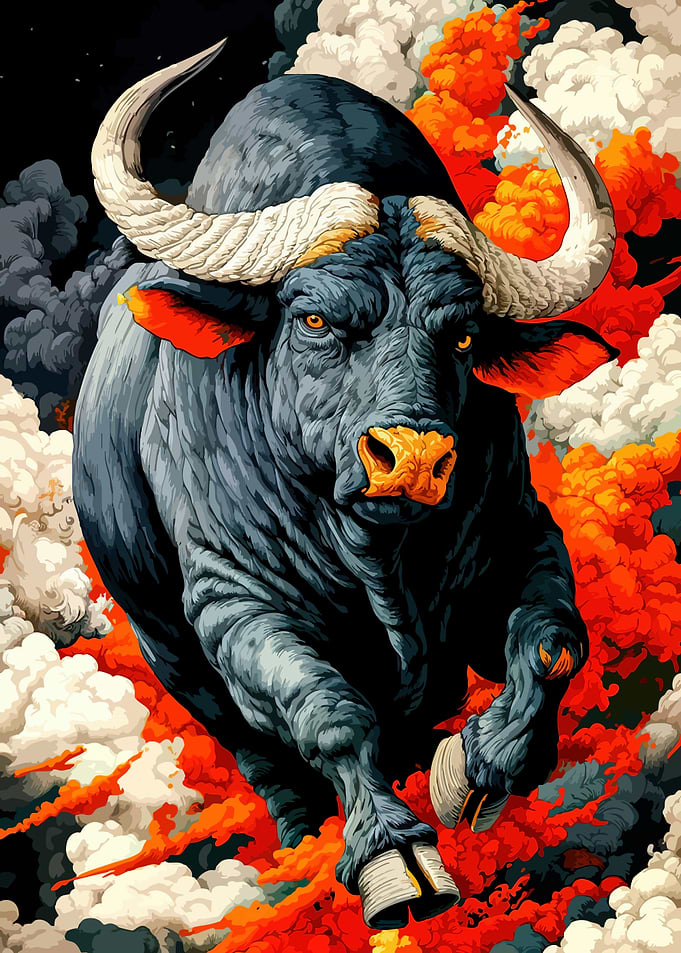 Charging Bull with Fiery Background