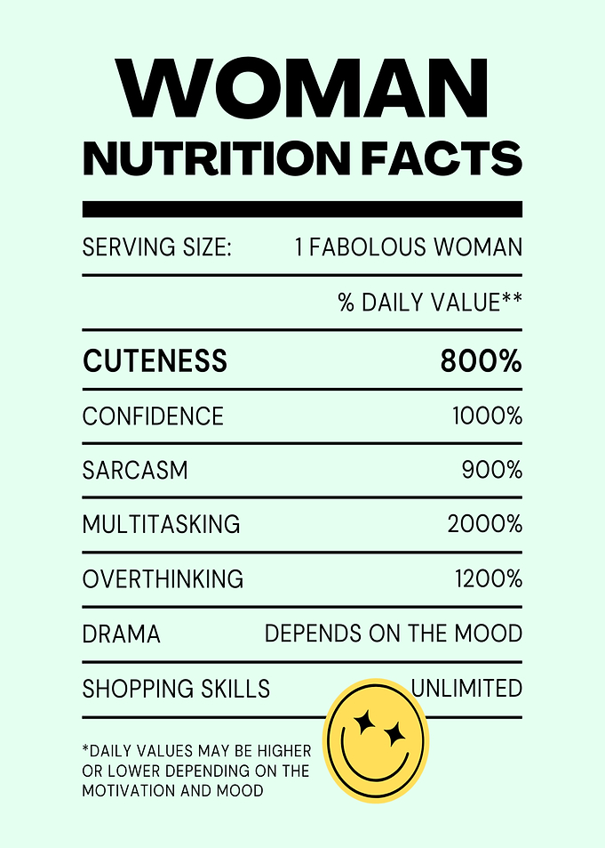 Funny Woman Nutrition Facts Poster - Sarcastic Wall Art Gift