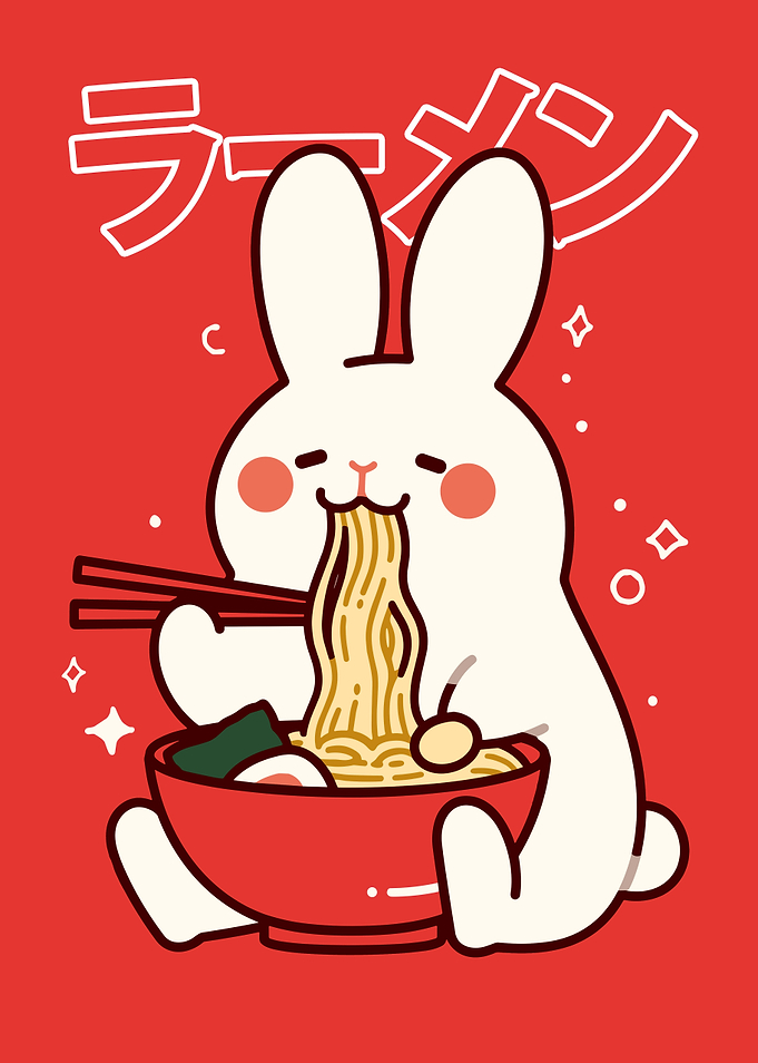 Rabbit eating ramen illustration